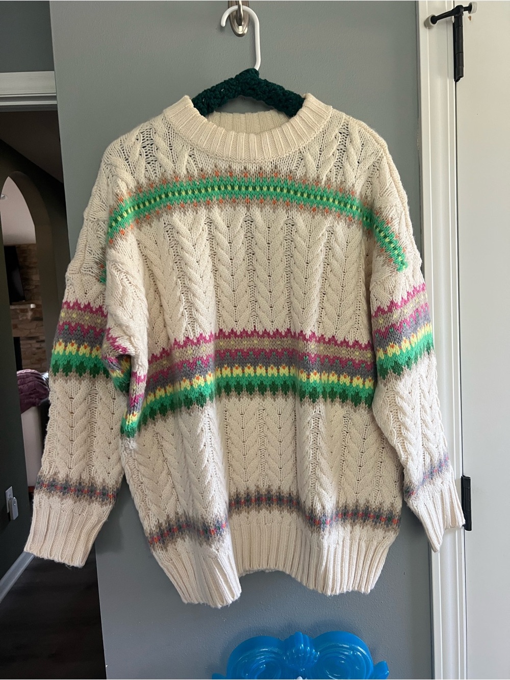 American Eagle Cream Cable Knit Sweater with Multicolor Fair Isle Stripes